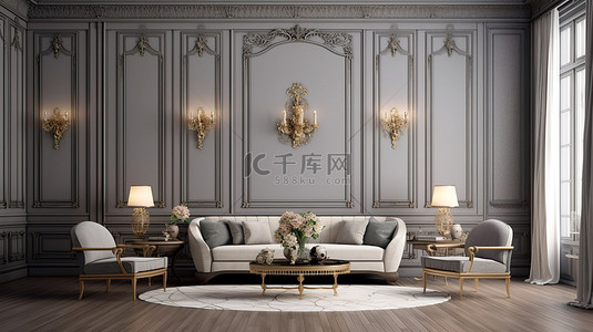 家具雕刻背景图片_传统客厅的 3D 渲染，配有灰色家具和精致雕刻的木镶板墙