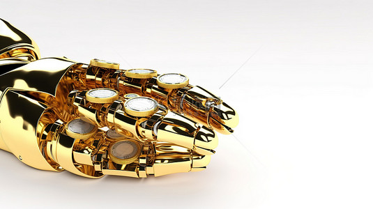 拿着金币的机器人手是白色背景下隔离的金融技术的视觉表示