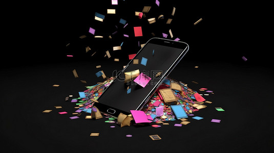黑色背景下呈现的 3d 智能手机和节日礼物