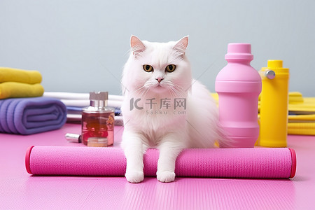 花式跳绳背景图片_白猫坐在垫子上，上面有黄色水瓶和健身器材