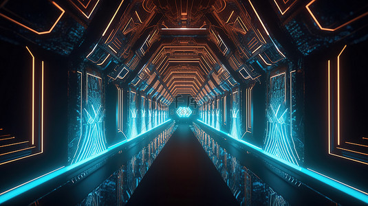 未来不再未来背景图片_充满活力的霓虹灯照亮的几何隧道以 4k UHD 3D 形式展示，具有未来派装饰