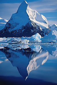 冰在水中的反射，有一座山和一座大岛