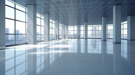 空置地板和 3D 渲染的现代办公室立面