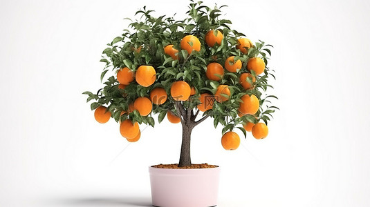 锅中的橙树在白色背景上令人惊叹的 3D 渲染