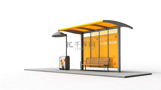 白色背景上当代公交车站样机的独立 3D 渲染