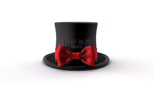 黑帽背景图片_黑色圆筒魔术师帽子，带有醒目的红丝带，隔离在白色背景 3D 渲染上