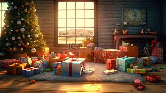 装饰天空背景图片_树下彩色圣诞礼物的 3D 渲染