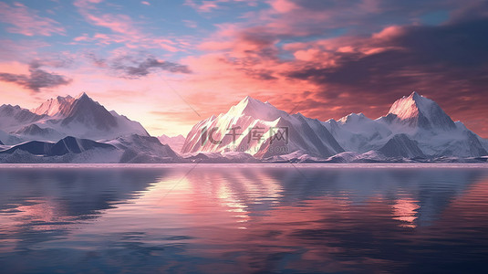 令人惊叹的 3D 渲染，呈现戏剧性的冬季日落山脉与海洋中的倒影