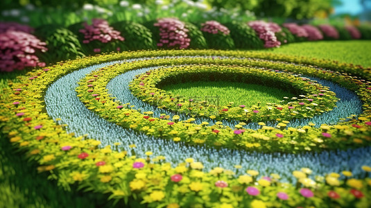 郁郁葱葱的螺旋抽象花园，带有 3D 渲染的花朵