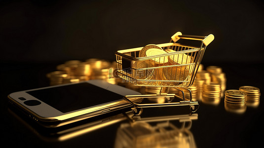 电子商务支付背景图片_代表电子商务和智能手机安全在线交易的闪亮金币的数字插图