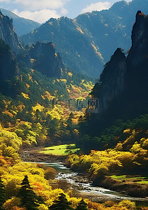 枫叶山背景图片_秋叶和河流包围