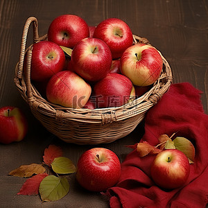 感恩背景图片_复古棕色背景中篮子里的红苹果