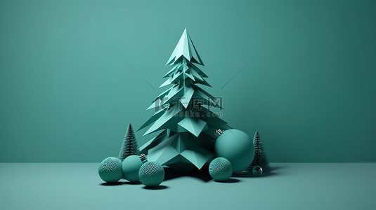 简约的 3d 圣诞树设计与圣诞装饰渲染图像