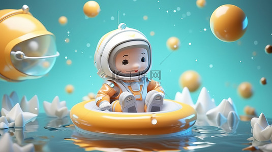 水主题 3D 渲染，以可爱的卡通宇航员孩子为特色，色彩柔和