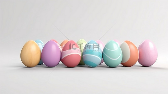 白色背景上的春天幸福充满活力的复活节彩蛋 3D 渲染的假期横幅