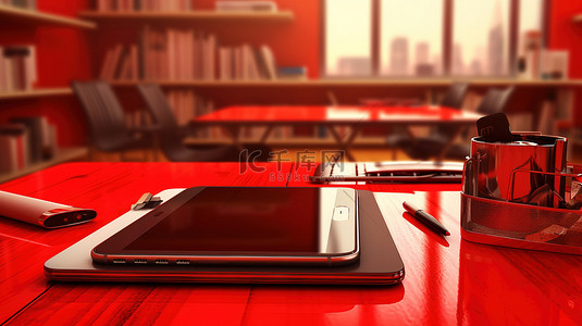 红色办公桌的 3D 插图，配有智能手机和平板电脑