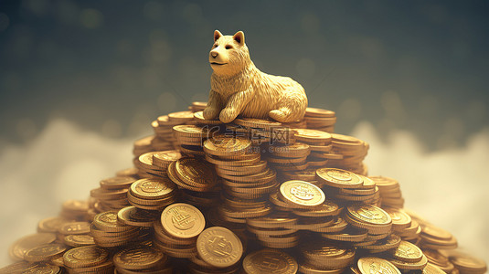 猪坐在一堆比特币上的 3D 插图
