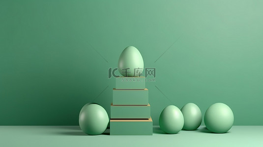 简约的复活节主题产品展示台，配有 3D 绿色渲染的彩蛋