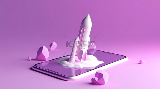 具有紫色柔和背景的手机 3d 渲染现代最小启动业务通过火箭喷射速度概念取得成功