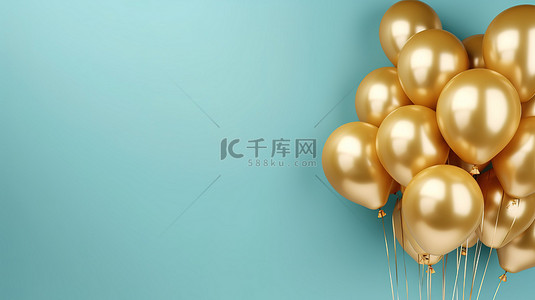 蓝金贺卡背景图片_一堆金色气球靠在蓝墙水平横幅上，带有 3D 渲染