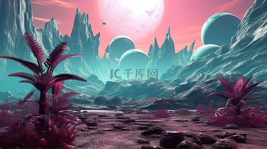 星球群背景图片_3D AI 渲染中令人惊叹的外星地形山脉植物群和未来派天空