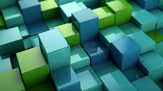 灰色背景中绿色和蓝色块作为一组的抽象 3D 渲染