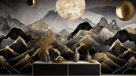 3D 插图中的金色黑色和灰色山景壁画