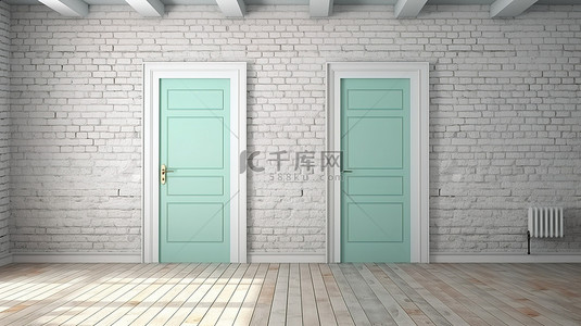 当代阁楼白色门和薄荷砖墙与木地板 3D 渲染