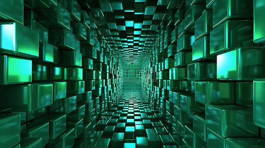动态 3D 隧道抽象背景，带有充满活力的绿色挤压立方体，用于商务演示