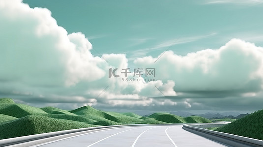 沙漠公路背景图片_茂盛的森林和沙漠公路中云隔离路的壮观 3D 插图