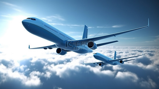 三架蓝色飞机在 3D 渲染中高高翱翔，唤起云中的国际旅行体验