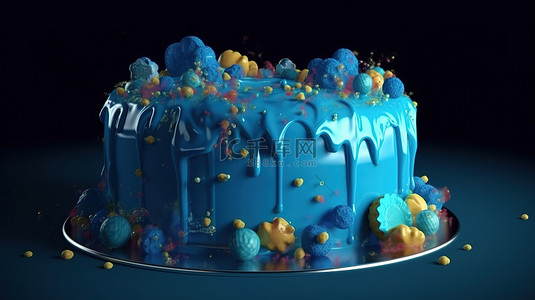 生日红色蜡烛背景图片_巨型蓝色生日蛋糕通过 3D 渲染栩栩如生