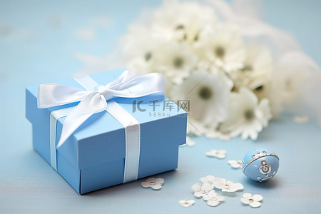 我爱你背景图片_蓝色礼品盒蓝色花朵和我爱你的话