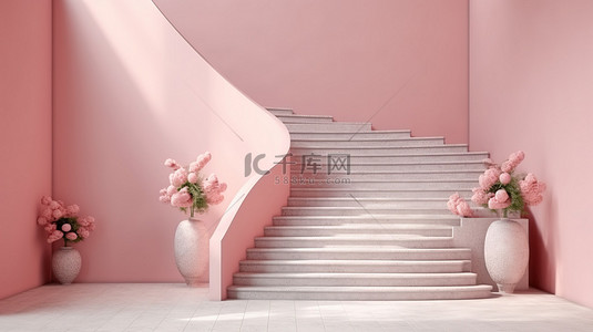 几何楼梯背景图片_粉红色奶油色墙角带楼梯的讲台的 3D 渲染