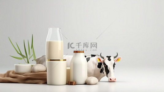 乳白色美容产品广告牛奶模型，用于皮肤护理概念的 3D 插图，白色背景，带切割路径