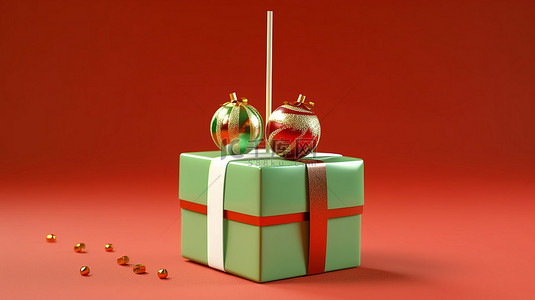 节日圣诞蛋糕装在红色礼盒中，配有金铃和绿色背景 3D 插图