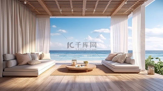 优雅起居区的海滨露台 3D 渲染