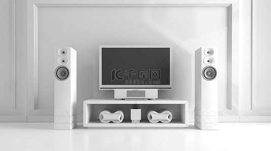家具音响背景图片_前视图中白色控制台电视和音乐扬声器的惊人 3d 渲染