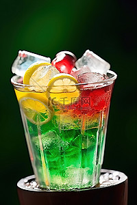 一杯装满彩色苏打水和冰块的玻璃杯