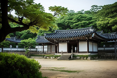 民俗文化展演背景图片_田野里有一栋古老的亚洲风格别墅