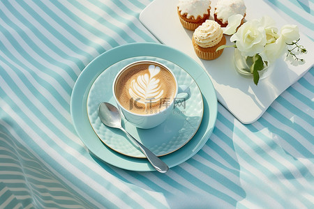 当咖啡遇上茶背景图片_蓝色托盘上的咖啡杯和一块蛋糕