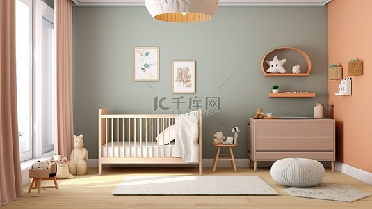 地毯地毯背景图片_带婴儿床的正面视图托儿所的 3d 渲染