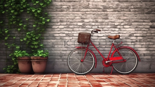 财政支撑背景图片_3d 渲染的砖墙上支撑着老式自行车