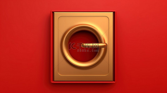 红色哑光金板上打开的门 3D 渲染金色符号的图标
