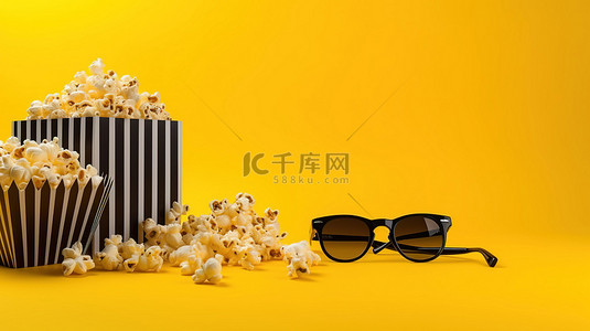 电影主题设置场记板电影卷轴爆米花和黄色背景上的 3D 眼镜，有充足的文本空间