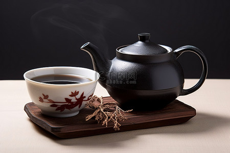俯拍茶壶茶杯背景图片_桌子上的传统茶壶和一杯茶