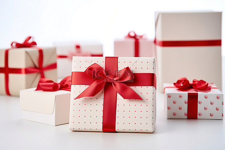 用红色蝴蝶结包裹的礼物放在家里的白色表面上