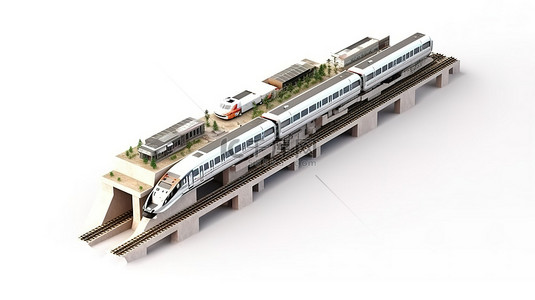 火车道路背景图片_白色背景上等距视角下直达铁路段的孤立 3D 渲染