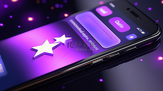 紫色手机的插图 3D 渲染，在语音气泡中包含客户评级和评论