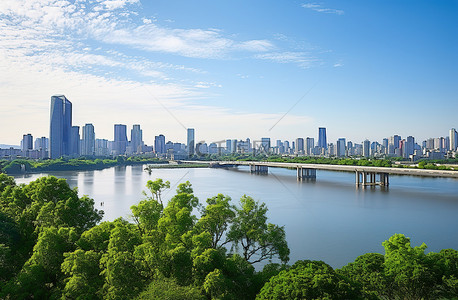 蓝色水城市背景背景图片_城市天际线天际线与树木在河上泰国东亚亚太地区